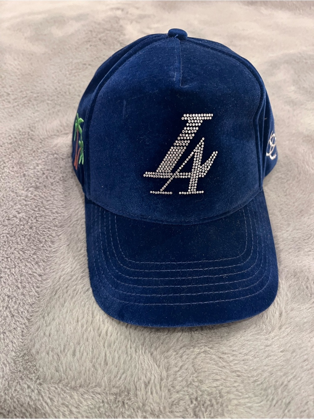 Reference Blue LA Rhinestone Logo SnapBack Adjustable Velvet Mens Adults hat